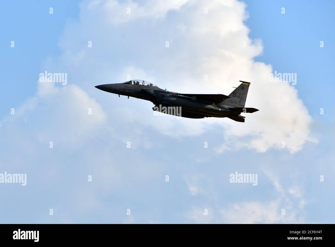 An F15E Strike Eagle flies above Seymour Johnson Air Force Base, North