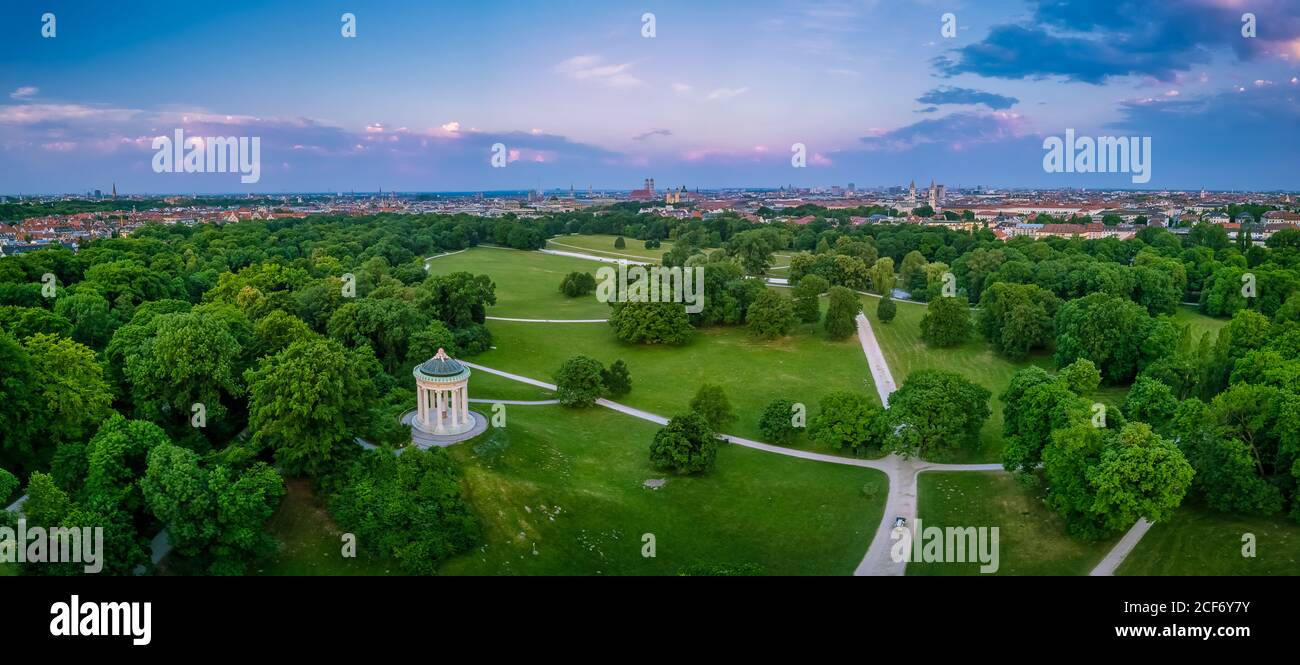 Aerial view over Munich and its popular Englischer Garten, very green