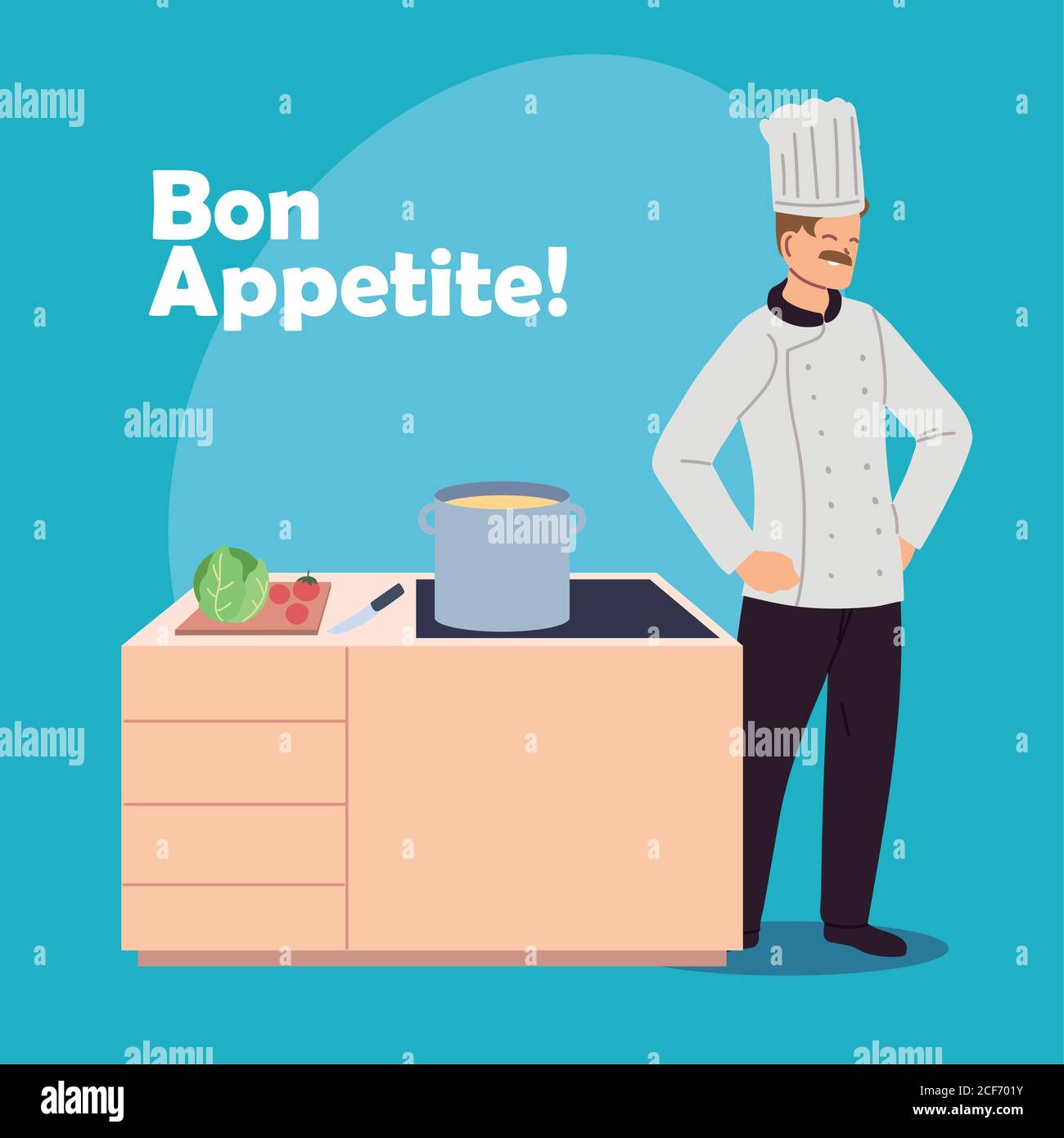 man chef with stove and elements of kitchen vector illustration design