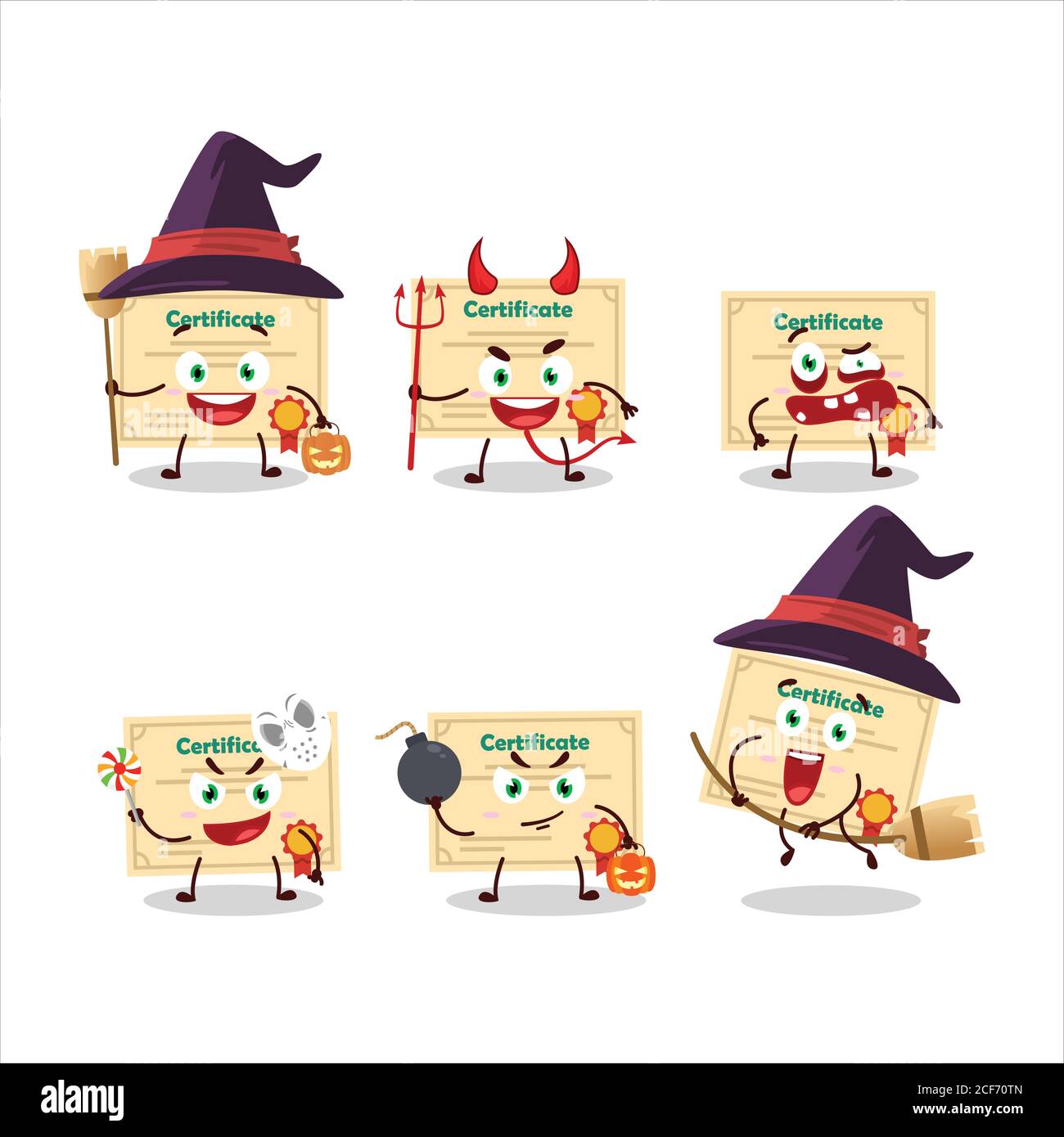 Halloween expression emoticons with cartoon character of certificate ...
