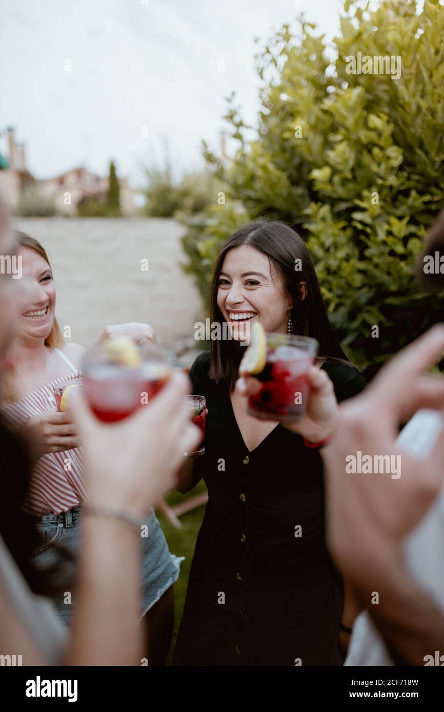 Group of cheerful friends clinking glasses at party Stock Photo