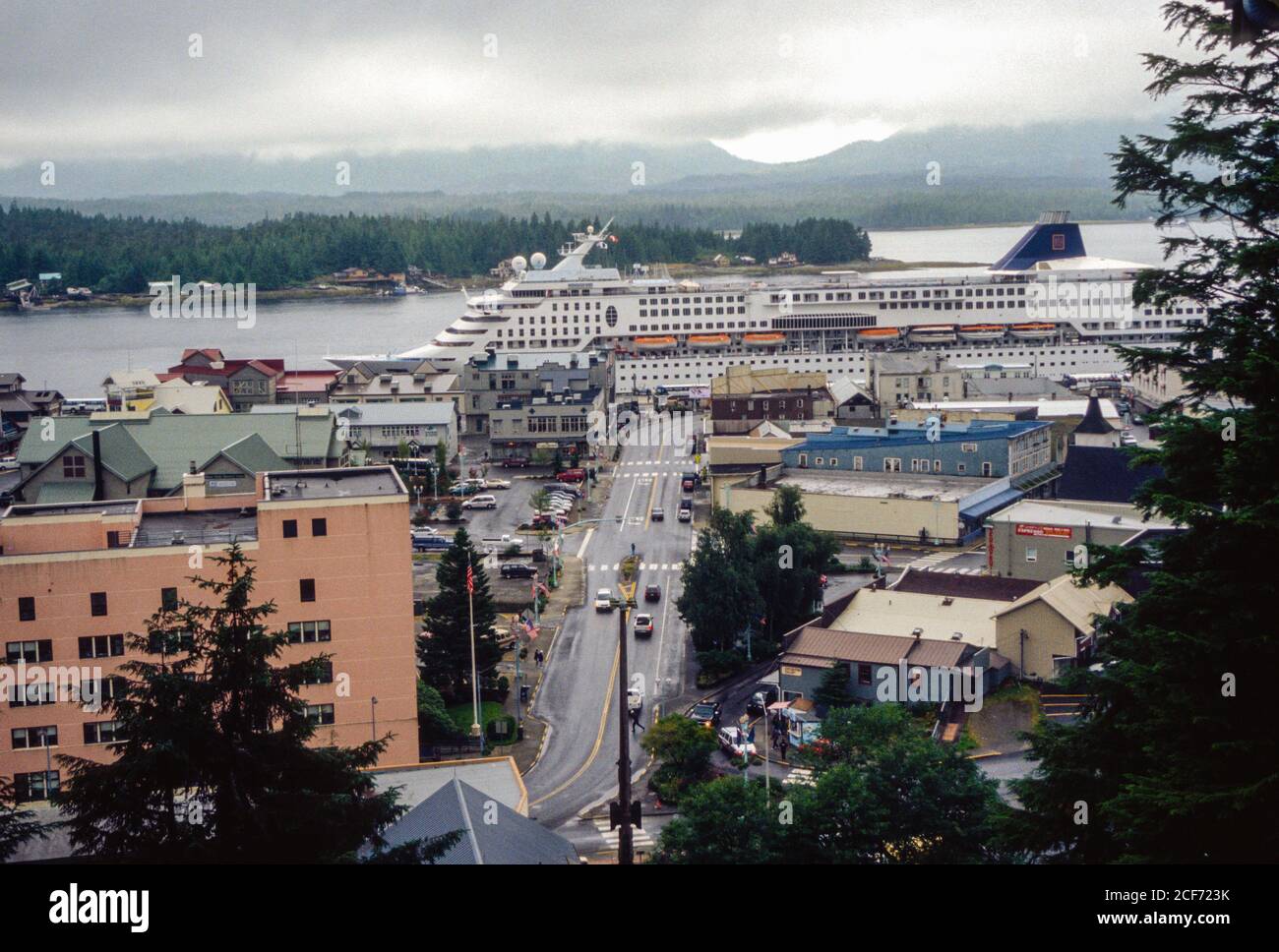 Cruise Ship Dwarfs Downtown Stores at Ketchikan Harbor, Ketchikan