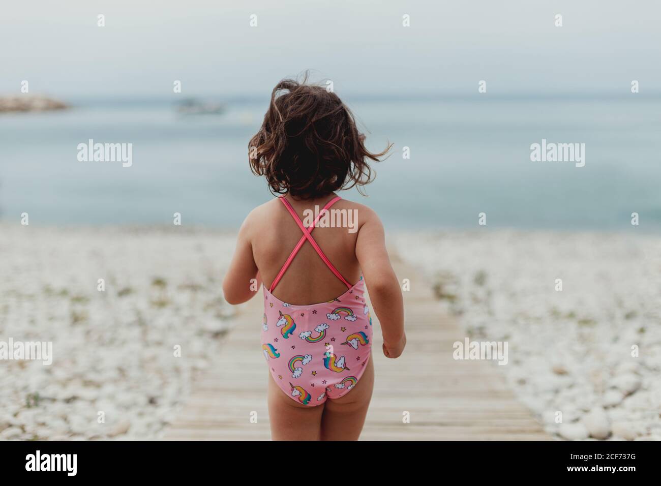 pix Pink Bathing Suits For Kids https www alamy com back view of anonymous child in pink bathing suit running along wooden jetty by sea image370793796 html