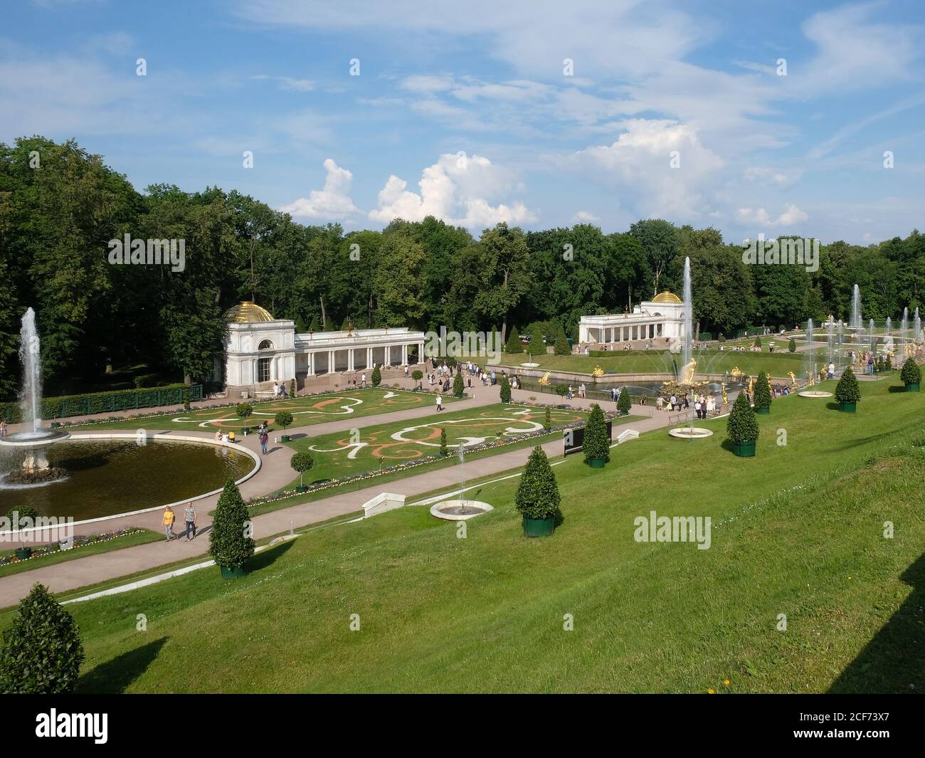 View of the lower park in sunny day, Peterhof, Russia Stock Photo