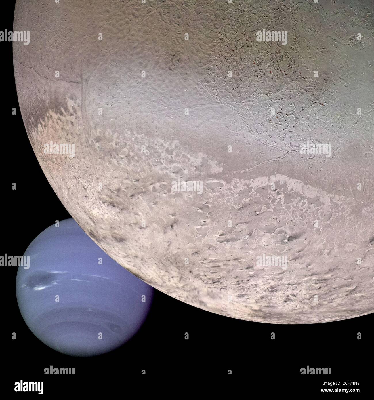 This computer generated montage shows Neptune as it would appear from a spacecraft approaching Triton, Neptune's largest moon at 2706 km (1683 mi) in diameter. The wind and sublimation eroded south polar cap of Triton is shown at the bottom of the Triton image, a cryovolcanic terrain at the upper right, and the enigmatic 'cantaloupe terrain' at the upper left. Triton's surface is mostly covered by nitrogen frost mixed with traces of condensed methane, carbon dioxide, and carbon monoxide. The tenuous atmosphere of Triton, though only about one hundredth of one percent of Earth's atmospheric den Stock Photo