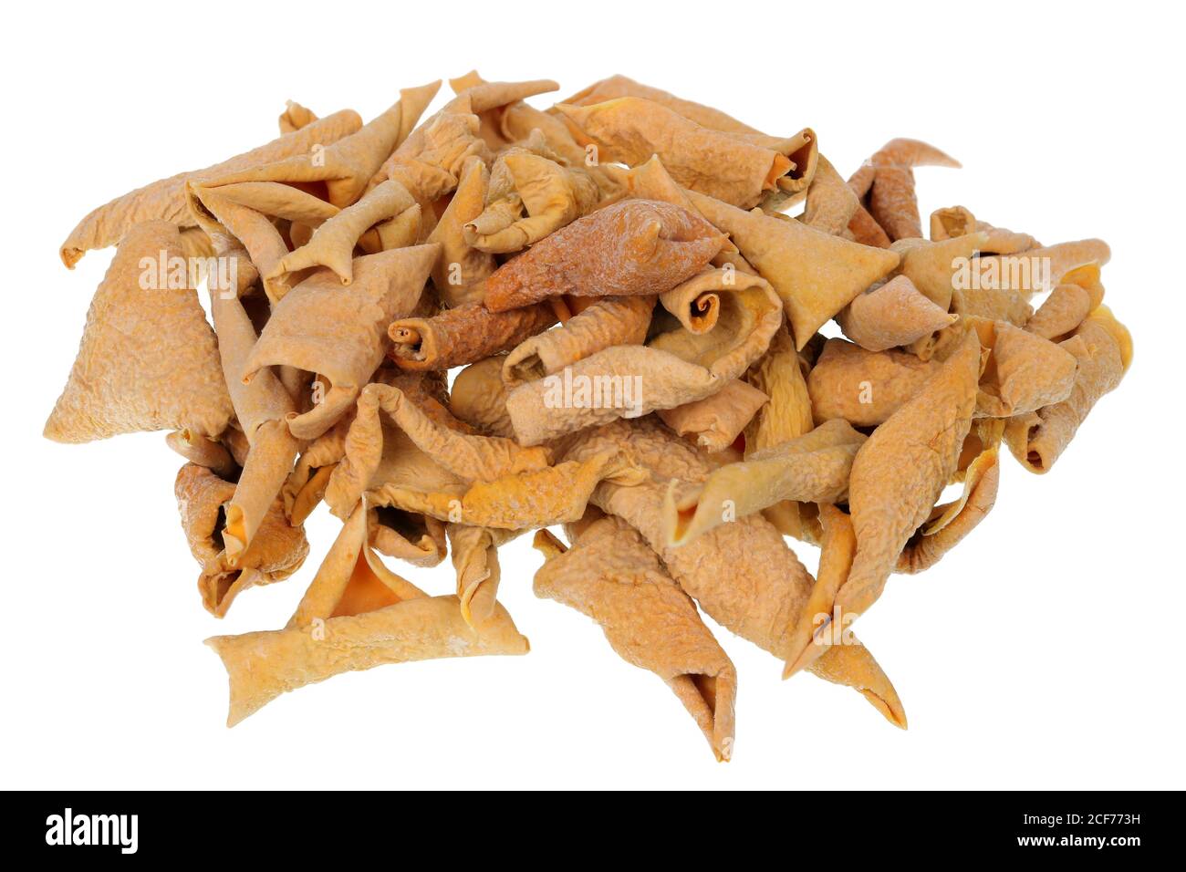 Long yellow dryed skins from peeled orange sweet pumpkin. Isolated on