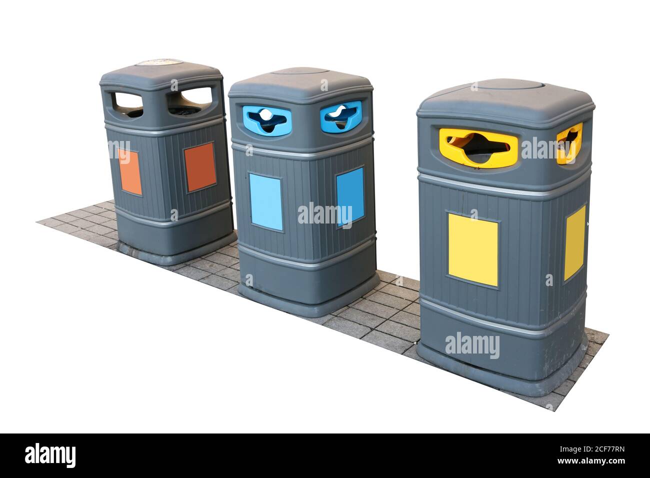 New garbage cans installed on the street isolated on white Stock Photo