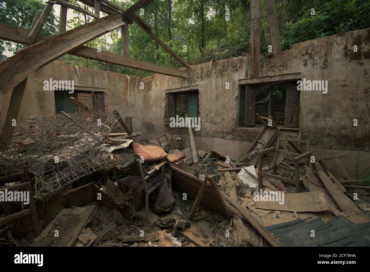 Ruins and debris at a school building damaged by the 2015 Nepal earthquakes in Kavrepalanchok district, Bagmati Pradesh province, Nepal. Stock Photo
