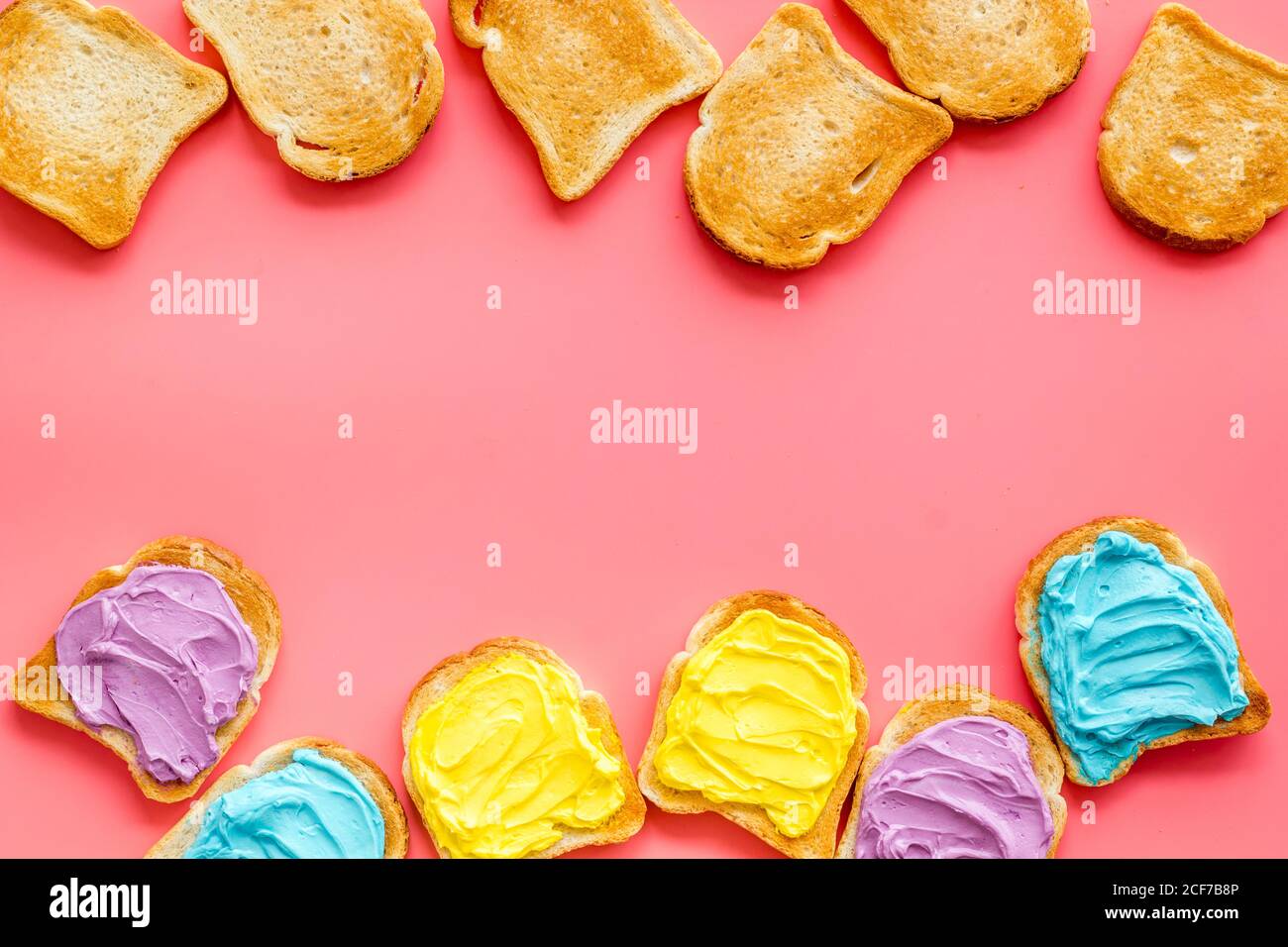 Variety spreads on bread slices. Layout top view Stock Photo