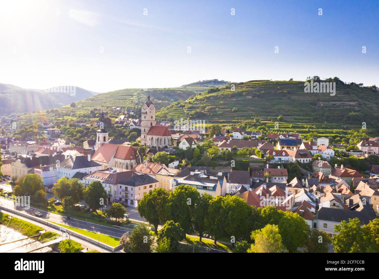 Krems and Stein downtown view. Famous old city in Lower Austria during summertime. Stock Photo