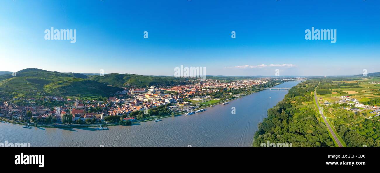 Krems and Danube river. Famous old city in Lower Austria during summertime. Stock Photo