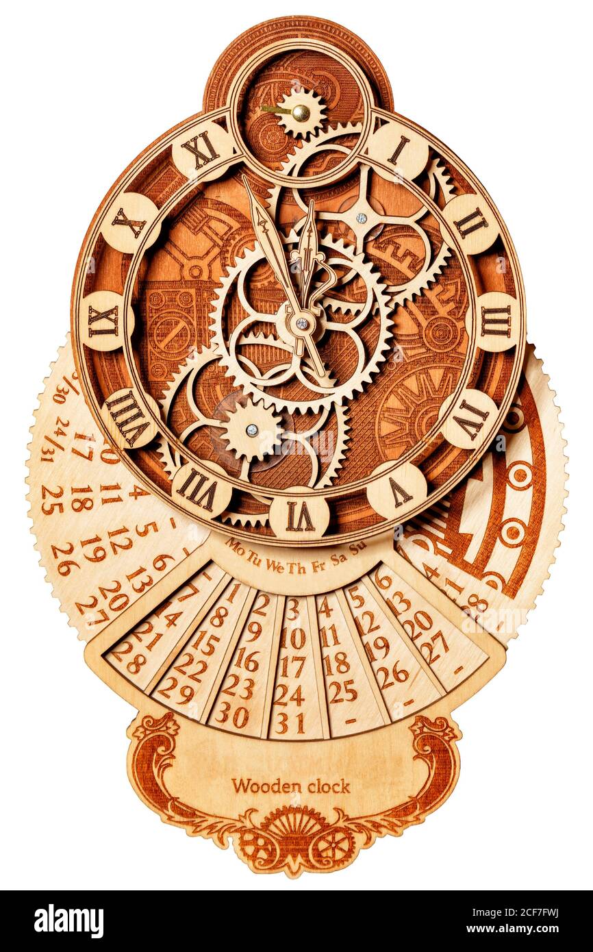 Beautiful original wooden wall clock with wooden gears and calendar