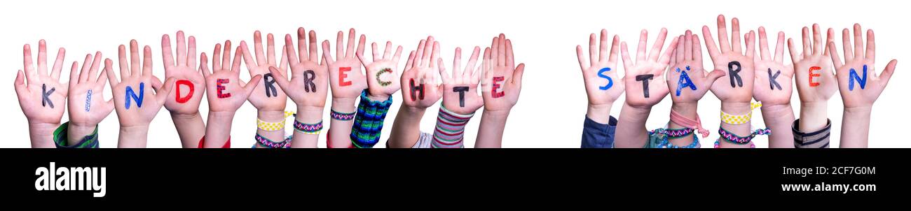 Hands, Kinderrechte Staerken Means Strengthen Children Rights, White Background Stock Photo