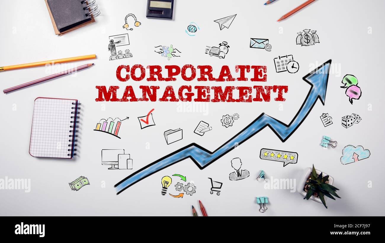 CORPORATE MANAGEMENT. Blue arrow and drawn icons. White meeting table with office supplies Stock Photo