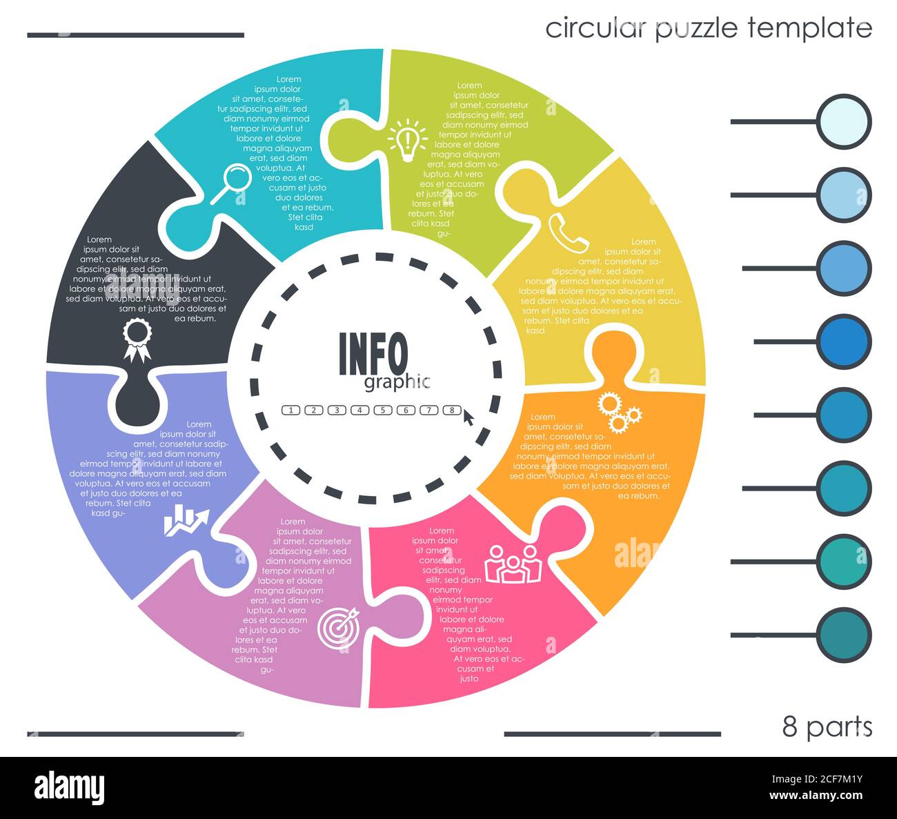 EPS 10 vector file for business info graphic template designs, team work concepts and data information with eight process options Stock Vector