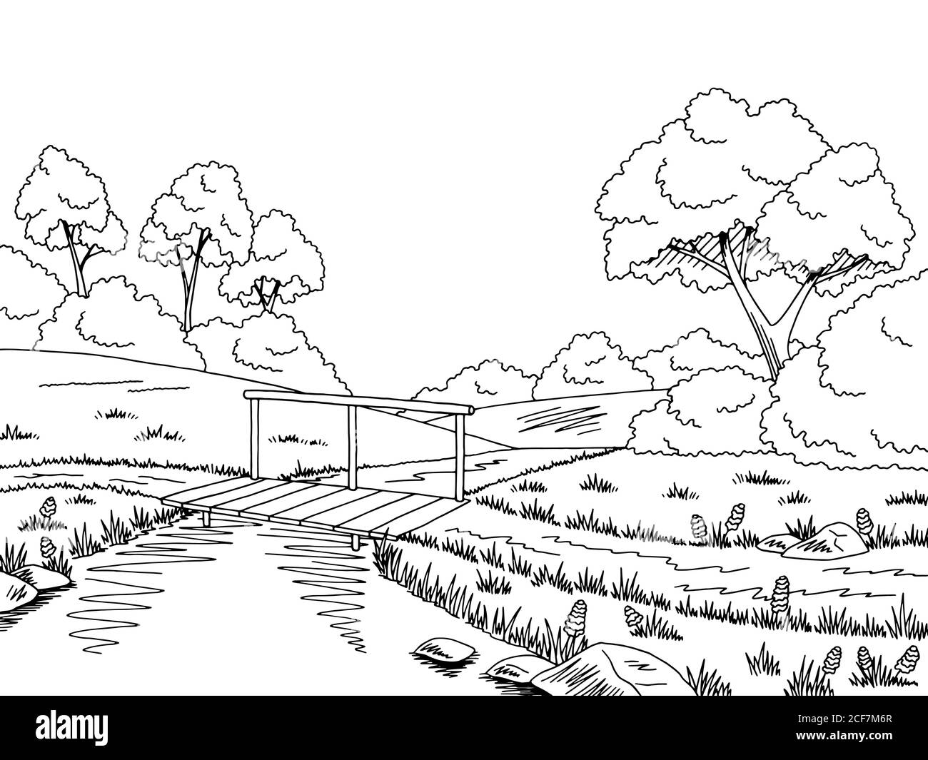 Bridge road graphic black white landscape sketch illustration vector ...