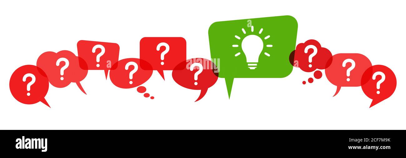 speech bubbles with red question marks and with green light bulb symbolizing idea or solution Stock Vector