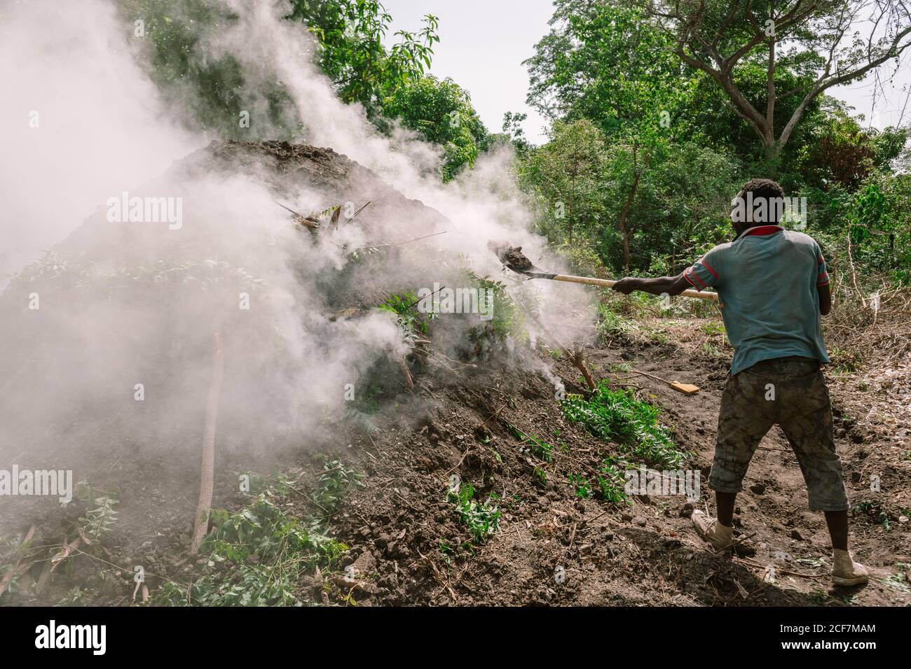 Gambia, Africa - August 4, 2019: Back view of black hardworking man throwing ground with shovel on steaming natural mound in forest Stock Photo