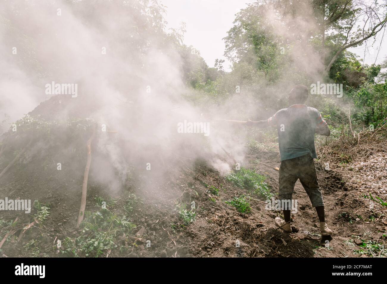 Gambia, Africa - August 4, 2019: Back view of black hardworking man throwing ground with shovel on steaming natural mound in forest Stock Photo