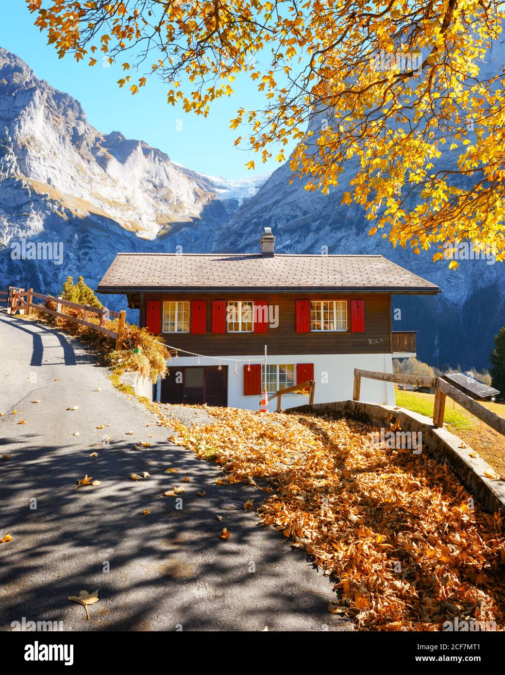 Amazing autumn landscape in Switzerland mountains. Traditional wooden house and yellow leaves in Grindelwald village, Swiss Alps Stock Photo