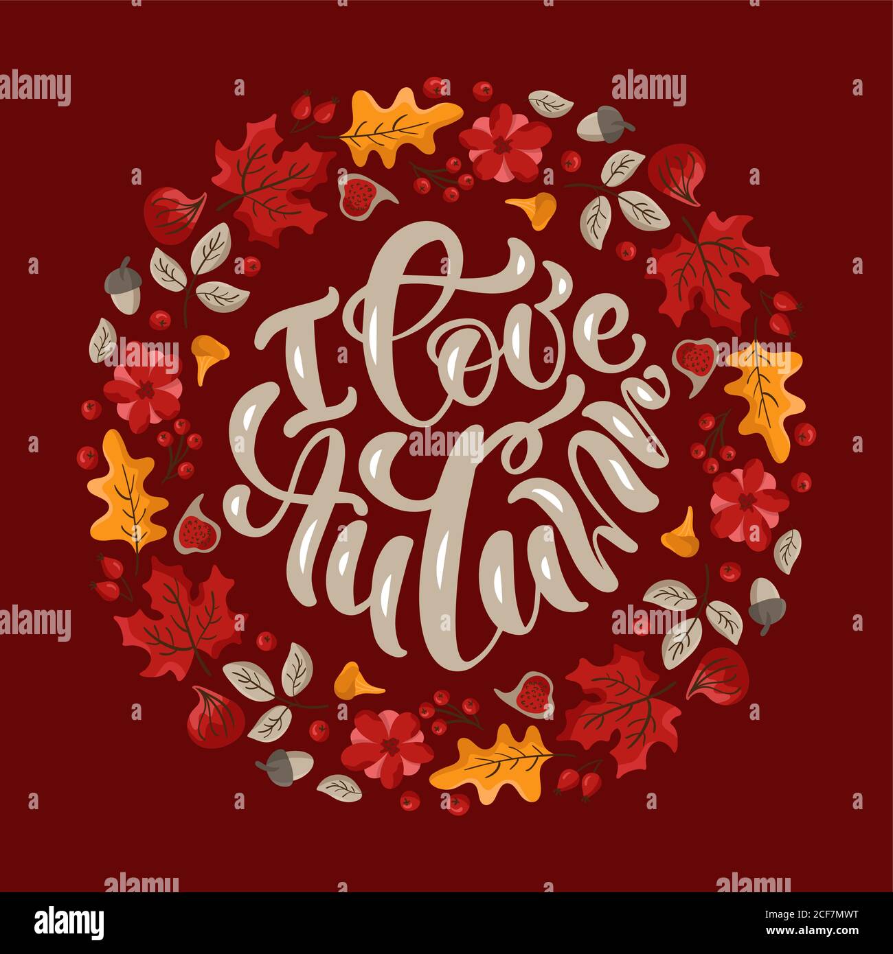 I Love Autumn vector calligraphy lettering text. Round cute wreath ...