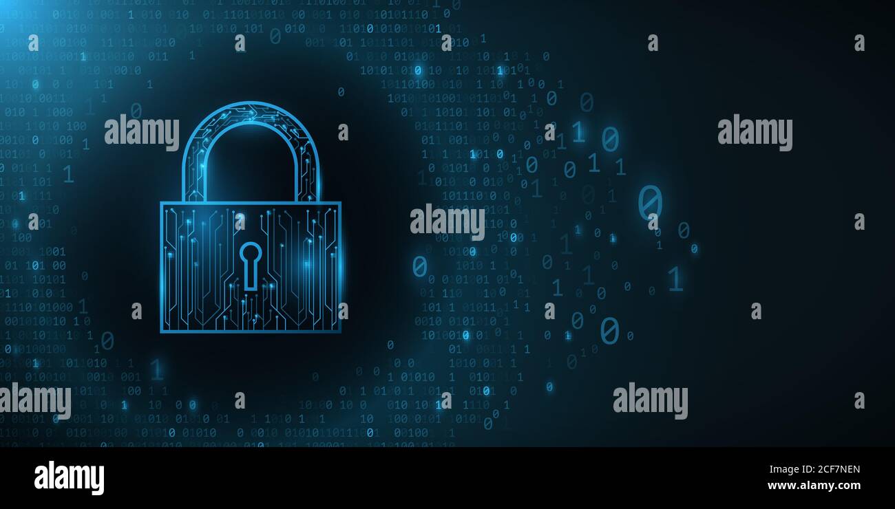 Futuristic security lock from a computer circuit board. Glowing binary ...