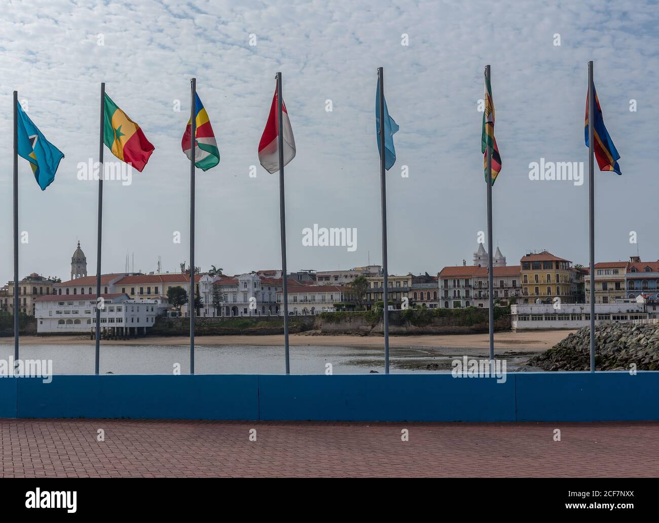 View from the flagged coastal ring road to the old town of panama city Stock Photo