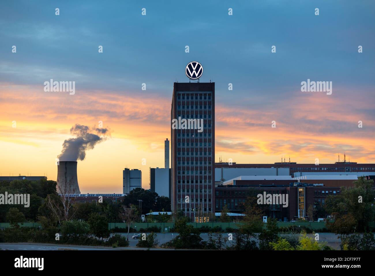 Volkswagen corporation old headquarters is a visible landmark in Wolfsburg. New headquarters is much more discrete and not as prominent. Stock Photo