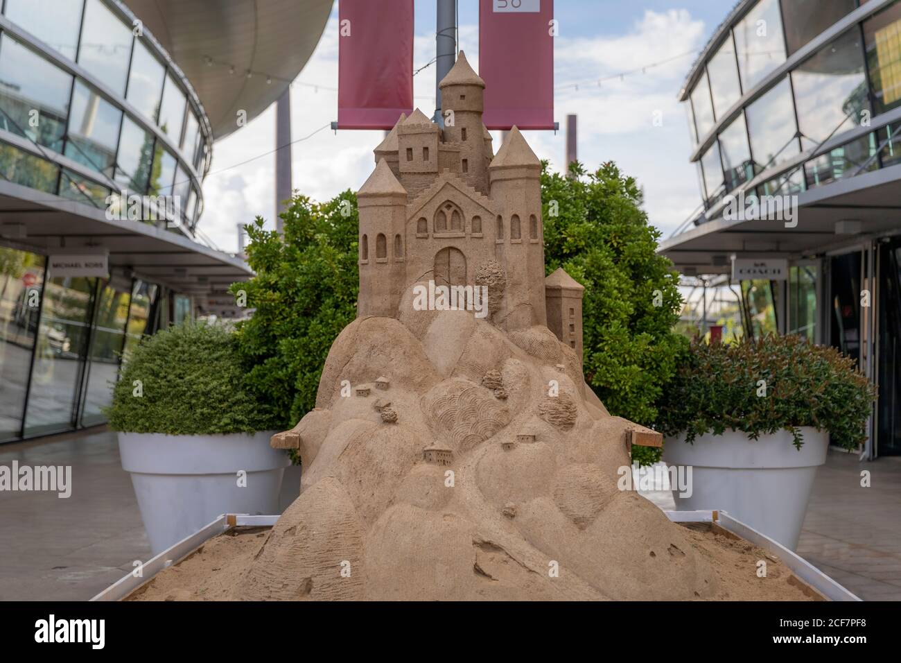 Designer Outlets in Wolfsburg is been decorated with sand castles to celebrate the ending of summer 2020. Stock Photo