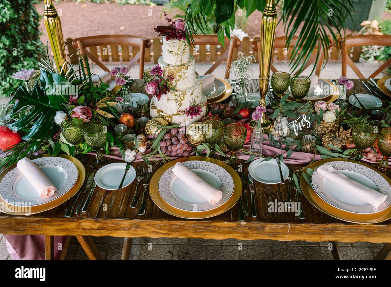 Setting wedding table with cake Stock Photo