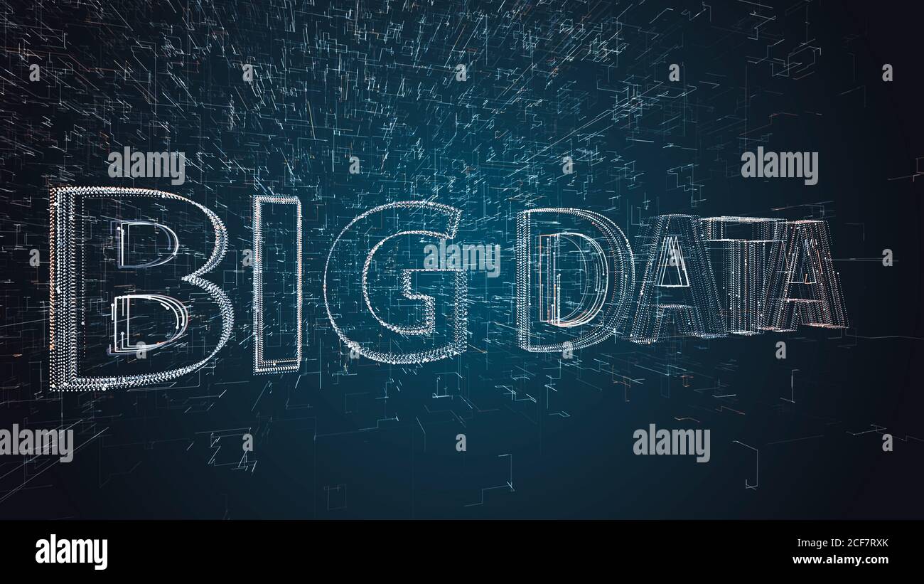 Particle dot sign Big data on blue background with data line grid. Abstract background, 3D rendering Stock Photo