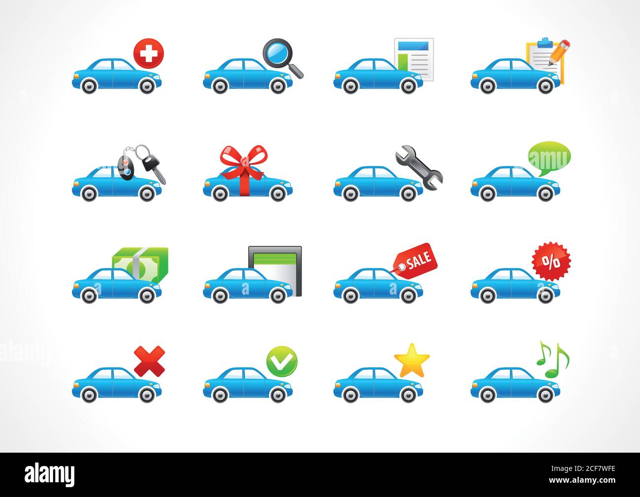 Set of interface vector icons for cars service or lease business. To buy car, auto parts. Web signs for taxi. Buttons new, yes, no, star, to order. Stock Vector