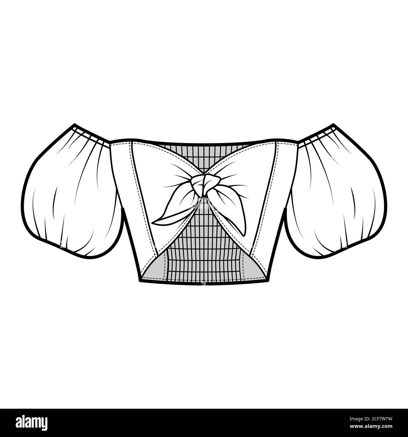 Tie-front cropped off-the-shoulder top technical fashion illustration with bow-detailed front, short puffy blouson sleeves, partially elasticated back. Flat template white color. Women men unisex CAD Stock Vector