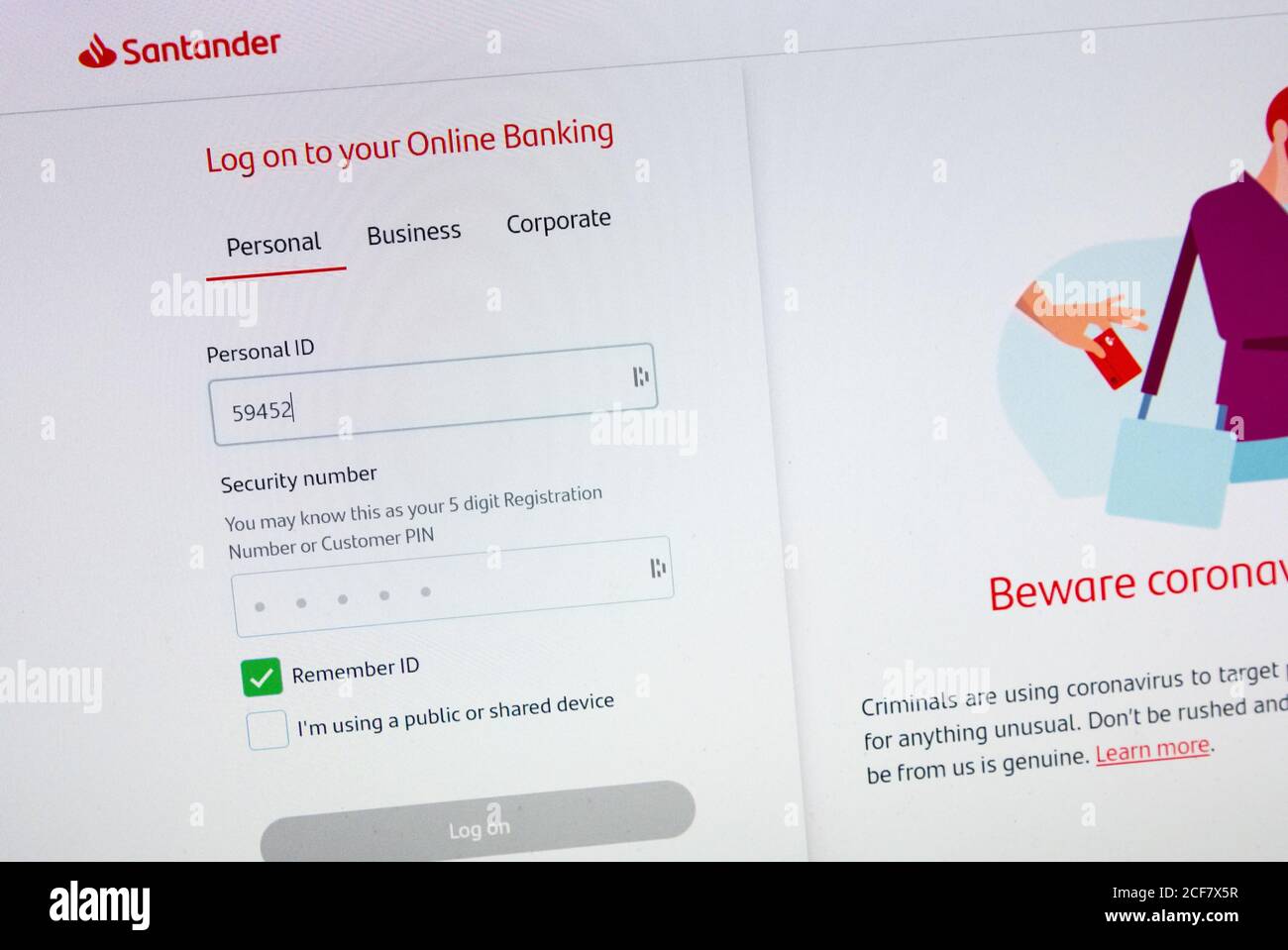 Santander online banking login screen. Logging into internet banking bank account. Stock Photo