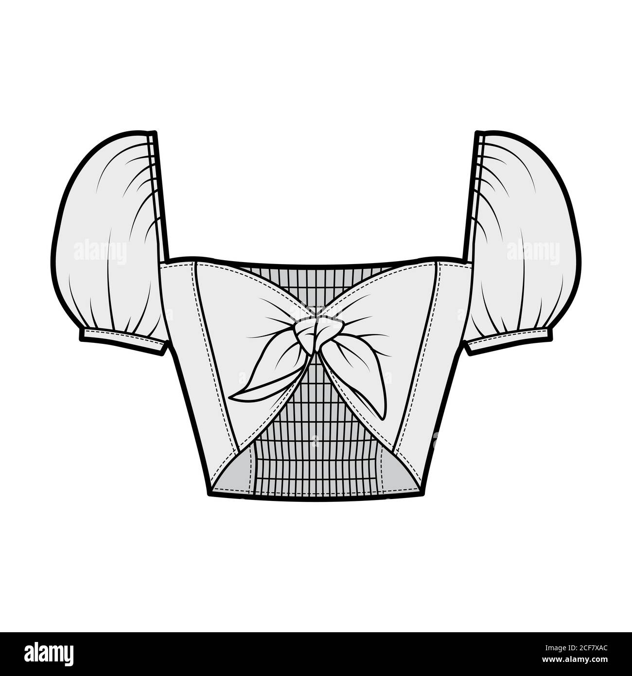 Tie-front cropped top technical fashion illustration with bow-detailed front, short puffy blouson sleeves, elasticated back and shoulders. Flat template grey color. Women, men, unisex CAD mockup Stock Vector