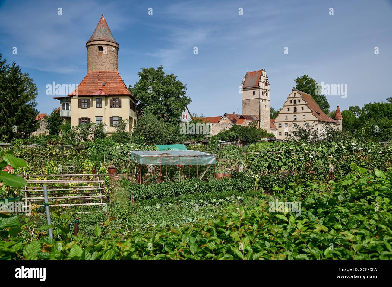 Salwarten tower and gardens in front, Nördlinger Tor behind, Dinkelsbuhl, Central Franconia, Bavaria, Germany Stock Photo