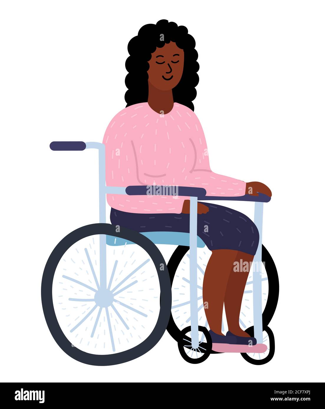 Young african woman is on a wheel chair. disability, and social responsibility. Girl with black hair and pink sweater. Cartoon vector illustration Stock Vector