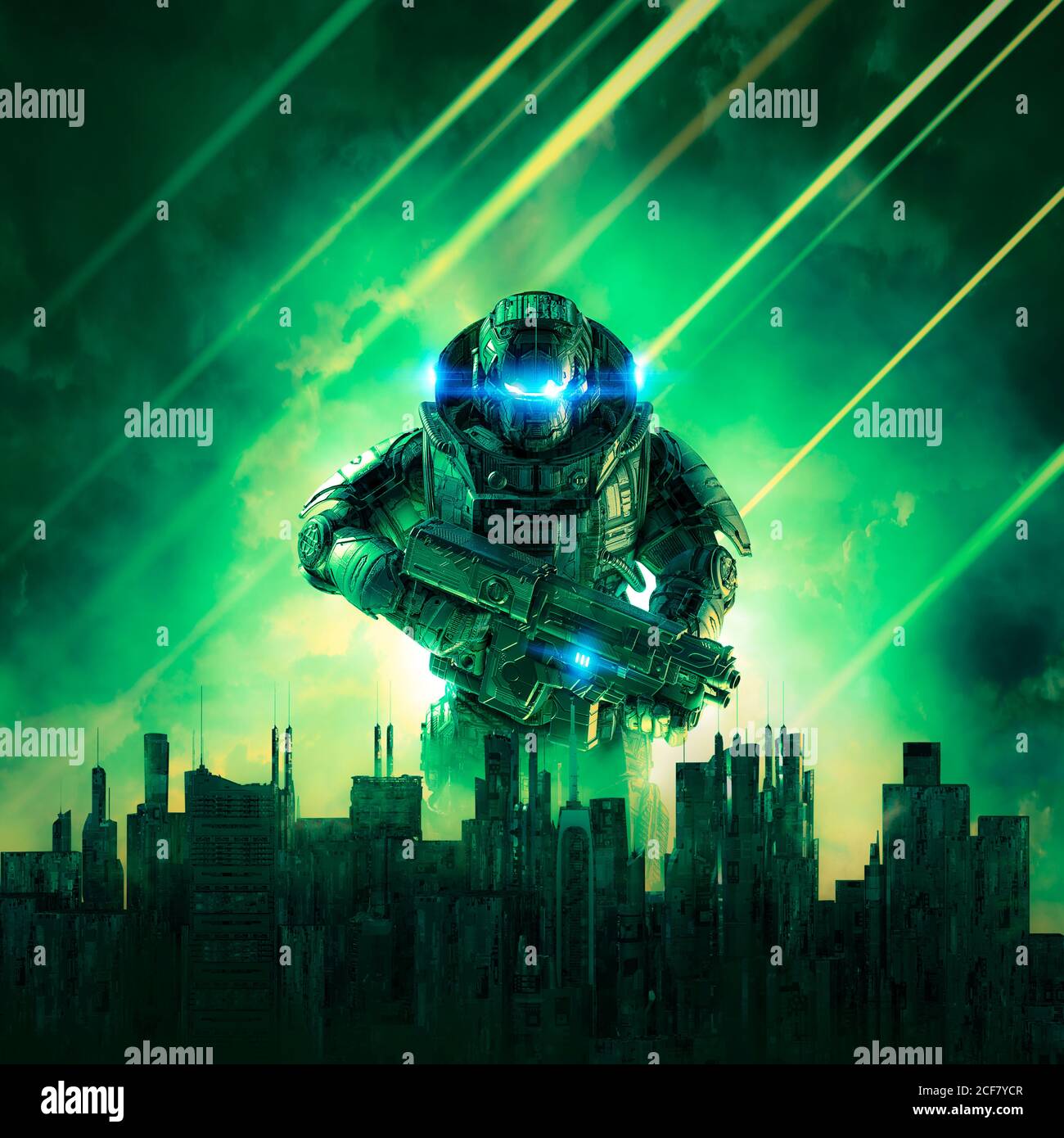 Cyberpunk soldier city under siege / 3D illustration of science fiction military robot warrior rising above futuristic dystopian skyline Stock Photo