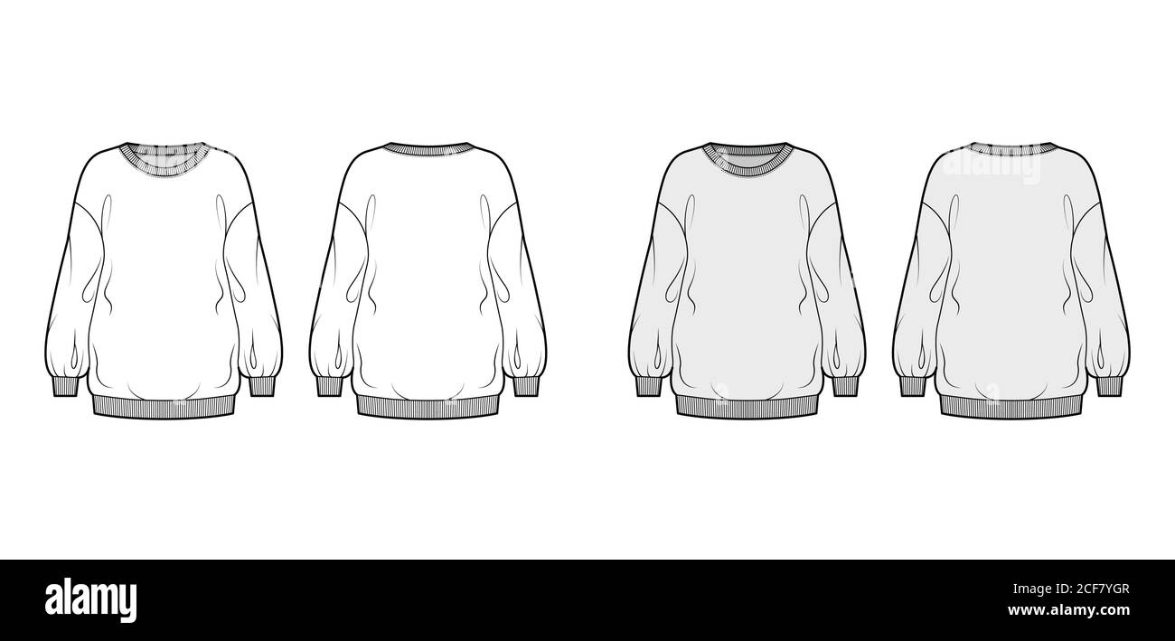 Cotton-terry slouchy oversized sweatshirt technical fashion illustration with relaxed fit, crew neckline, long sleeves. Flat jumper template front, back white, grey color. Women, men, unisex top CAD Stock Vector