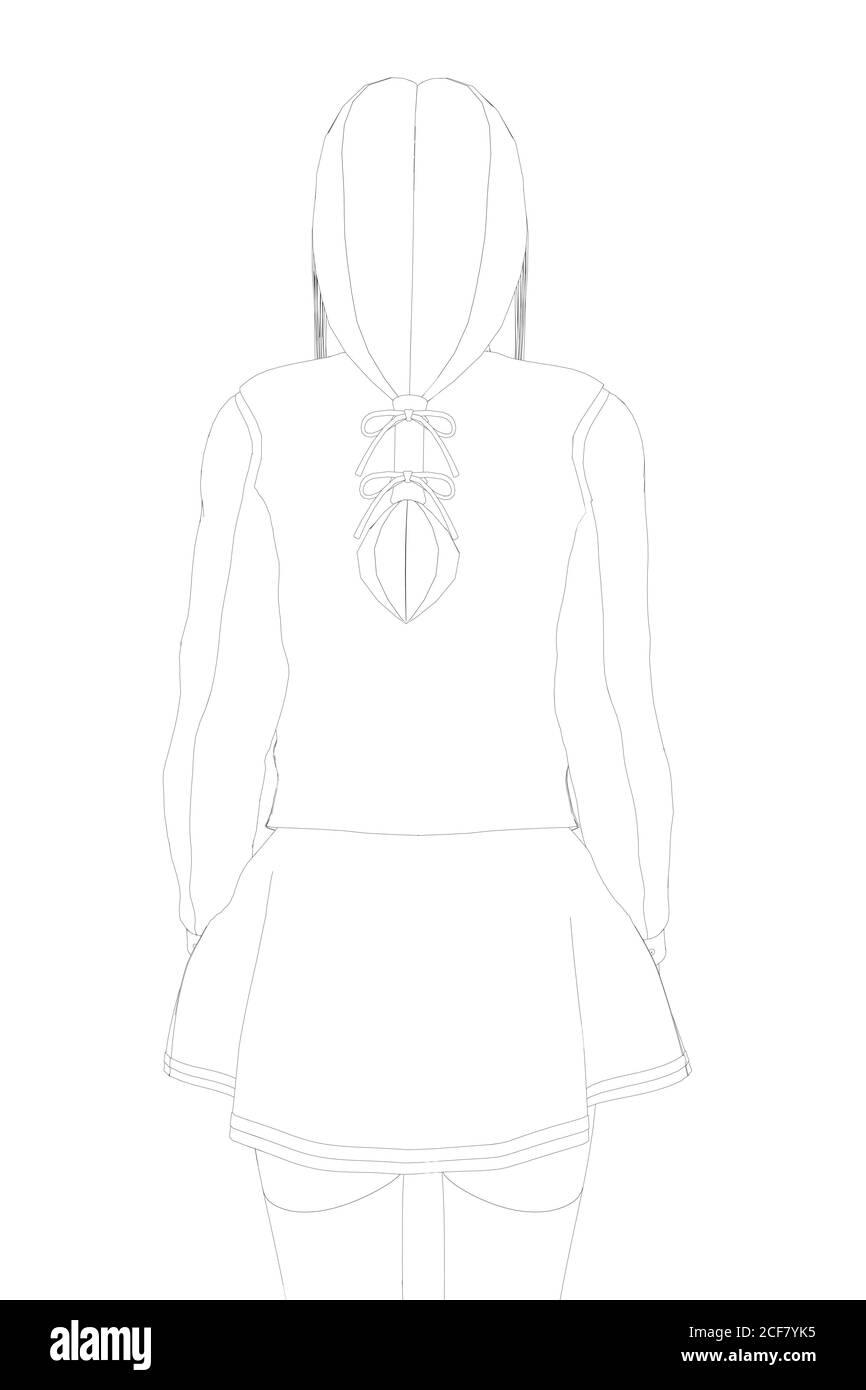 The outline of a schoolgirl in a skirt and with long hair. Back view. Vector illustration Stock Vector