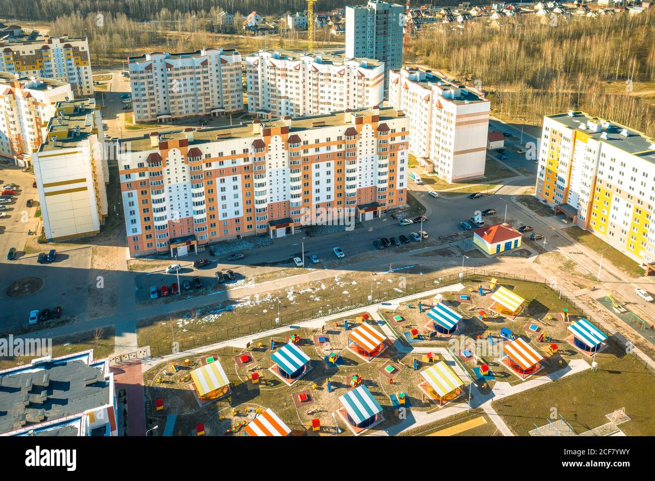 Gomel, Belarus. Aerial Bird'seye View Of New Residential Multistorey