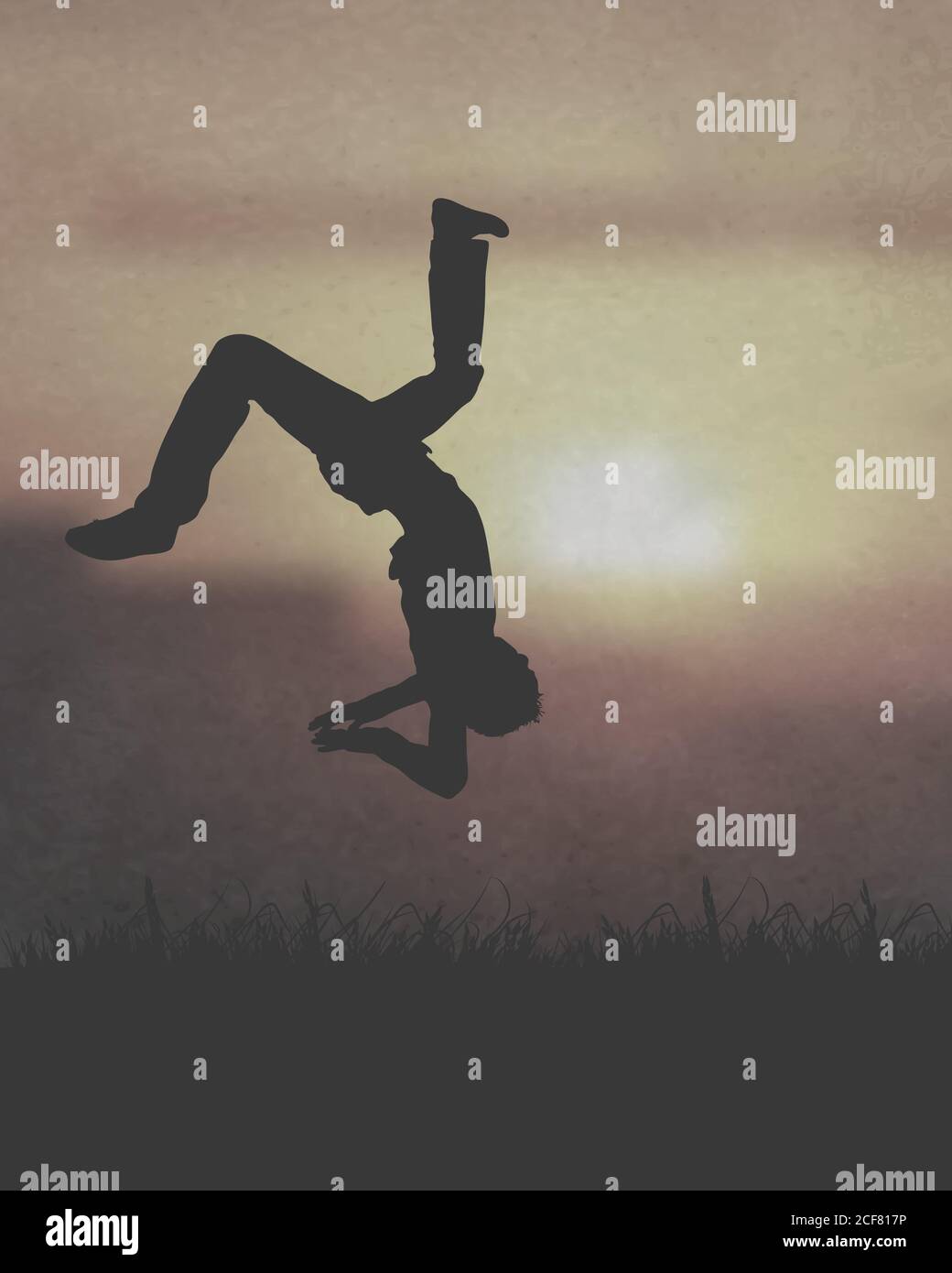 A Man Somersaulting Under The Sunset Illustration Stock Vector