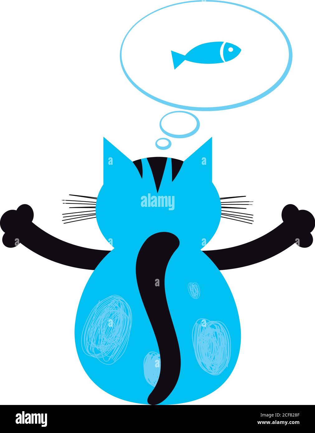 Cat dreams logo. Dreaming and thinking cat, fish in dialog cloud. Pets food business sign. Cats back vector illustration. Abstract isolated graphics Stock Vector