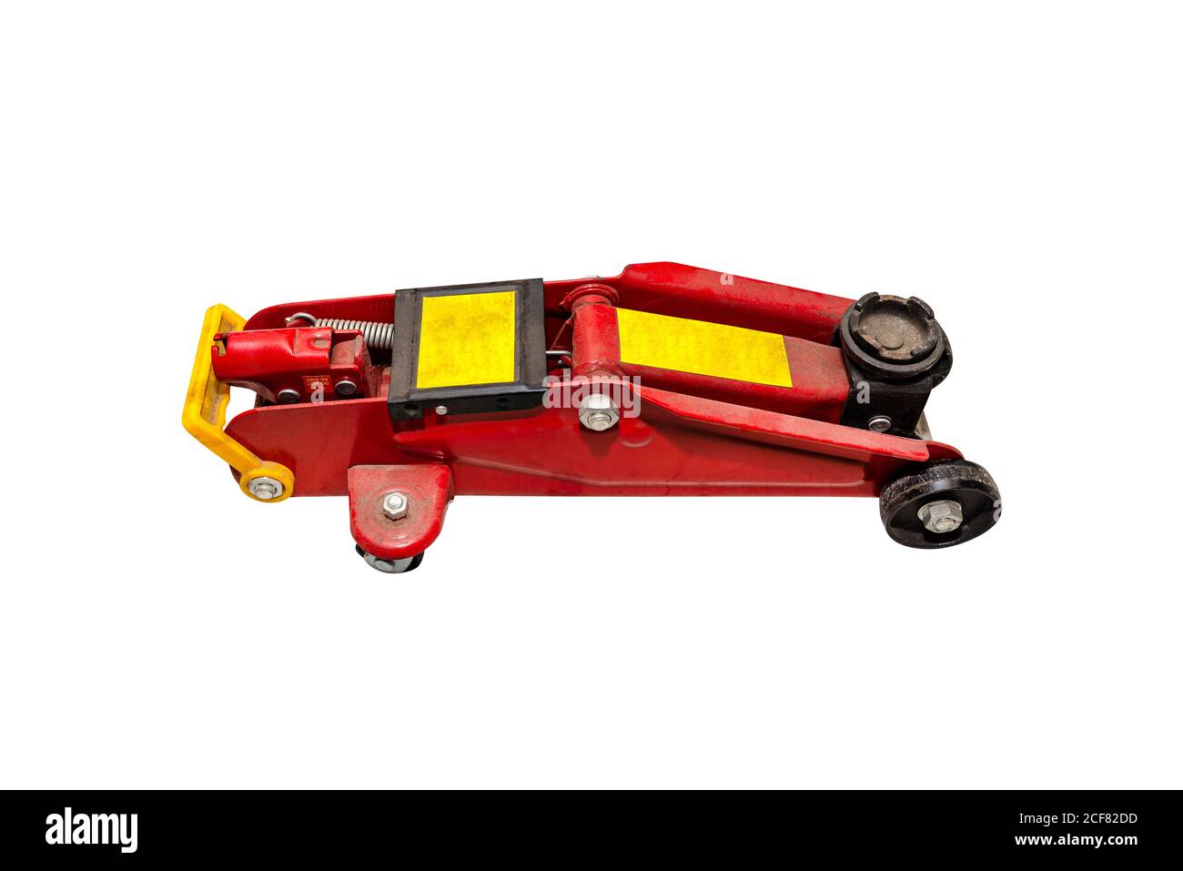 Old, red car hydraulic jack, isolated on a white background with a clipping path. Stock Photo
