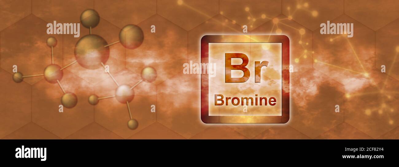 Br symbol. Brominechemical element with molecule and network on orange