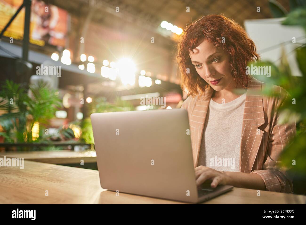 Cheerful young Woman working on laptop in cafe Stock Photo
