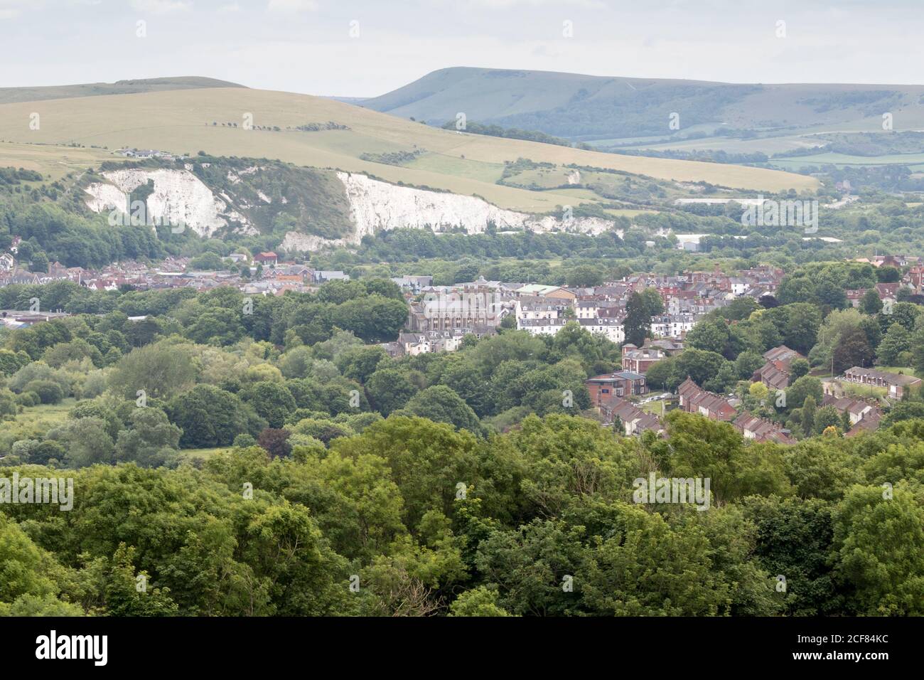 View of Malling Down across Lewes from hills near Offham. East Sussex, UK. Stock Photo