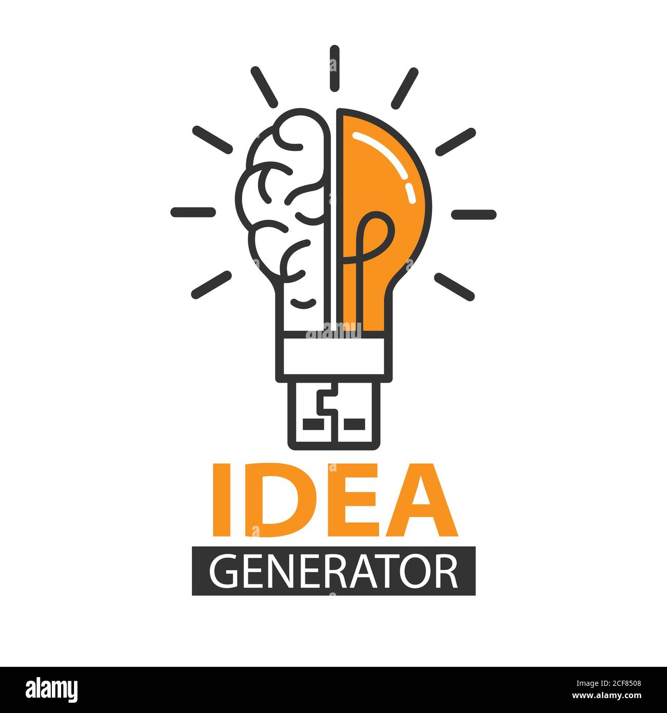 Idea Generator. The human brain and the light bulb. Editable