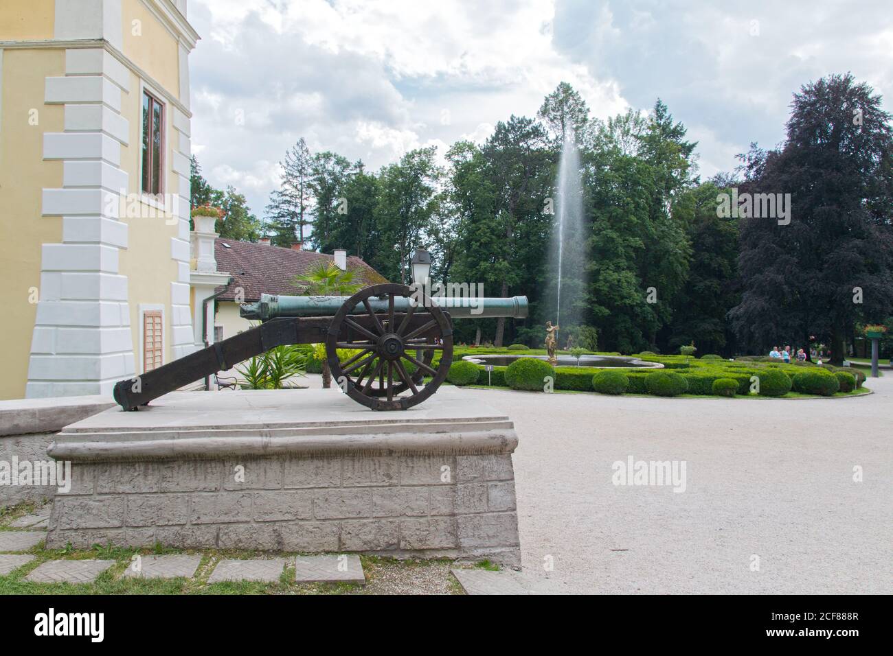 Antique cast iron cannon made by master Bebek in the park of Count Gyula Andrássy's former hunting castle. Stock Photo