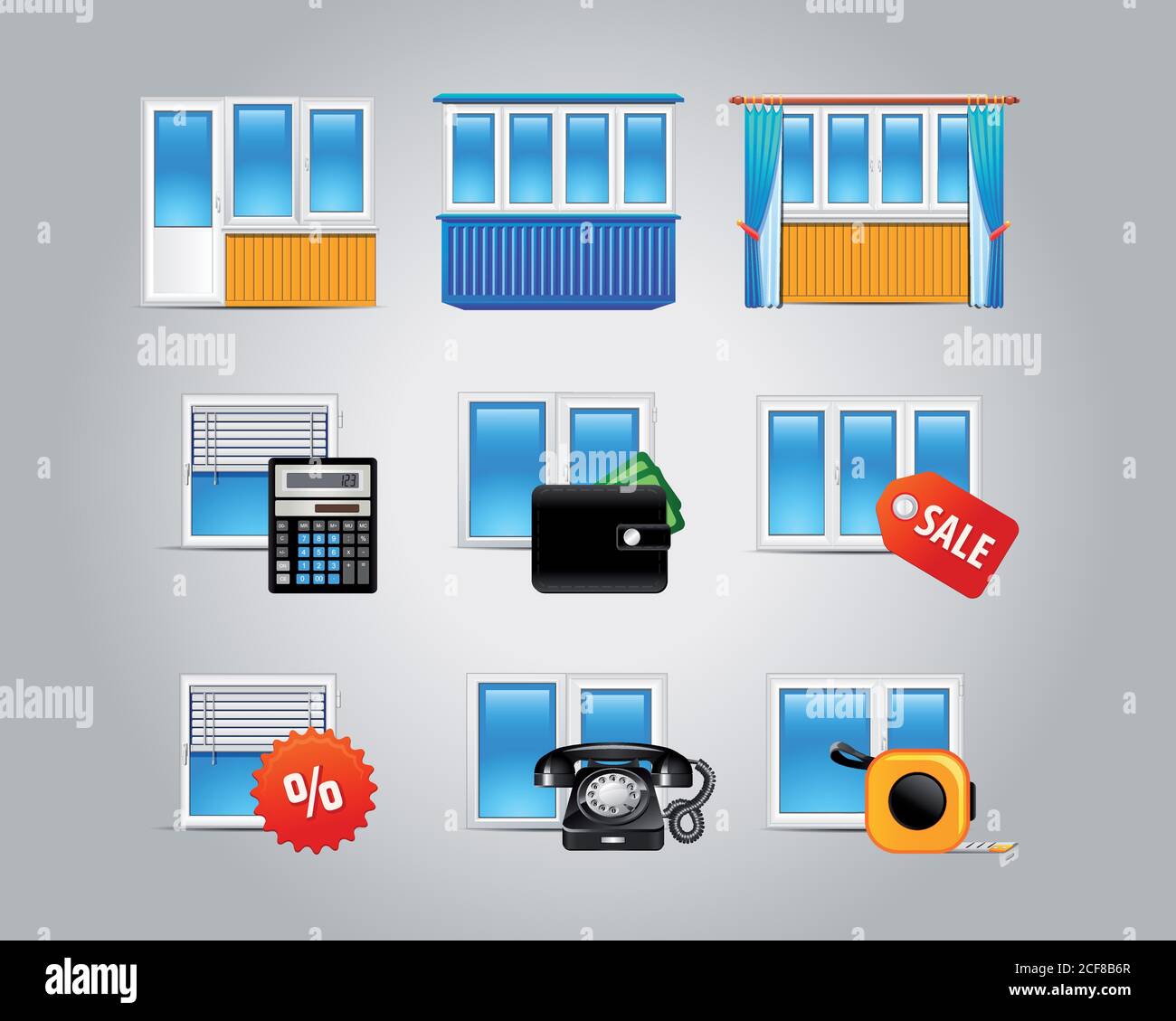 Window and glass doors logo list. Set of vector web icons of plastic
